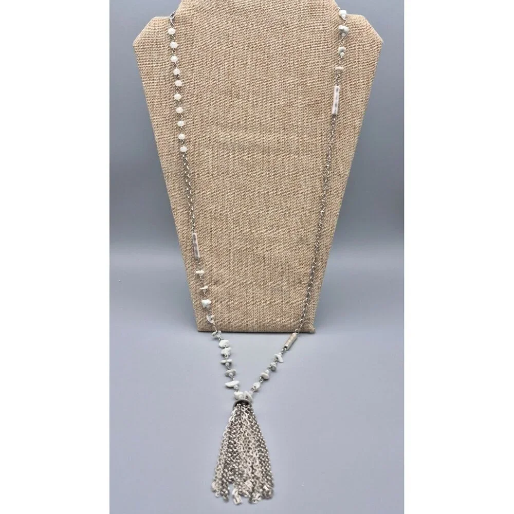 Simply Vera Wang Sliver Tone Glass Bead Natural Stone Tassel Pendant Necklace